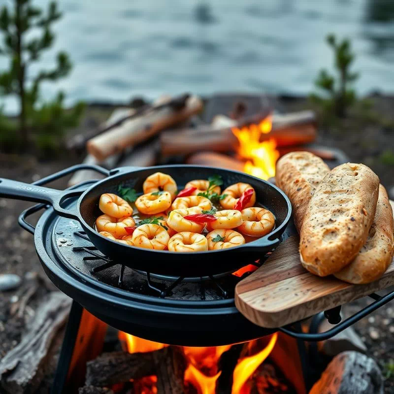 캠핑용 그리들에 지글지글 끓고 있는 감바스 알 아히요와 옆에 놓인 바게트, 감성 캠핑요리의 대표 메뉴