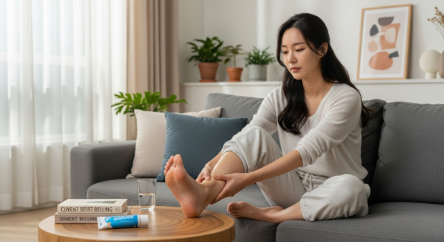 의자에 앉아 다리를 주무르는 여성