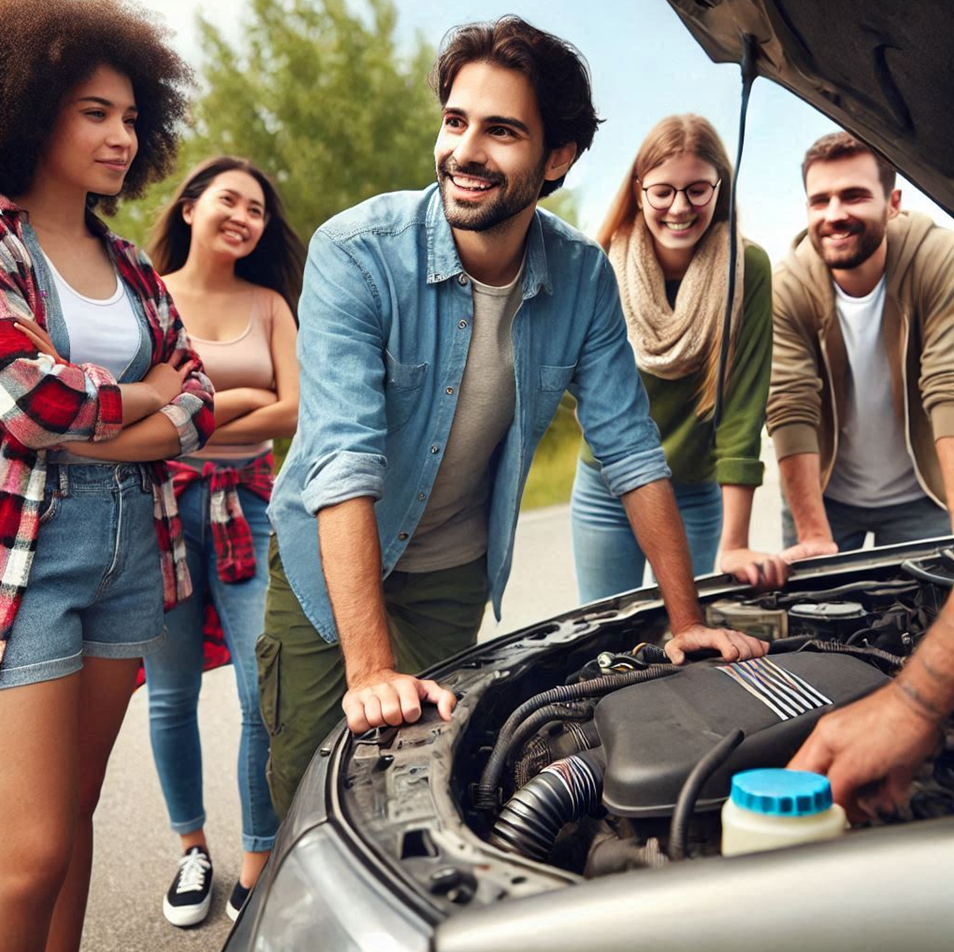 사람들이 모여 자동차 엔진을 정비하는 모습