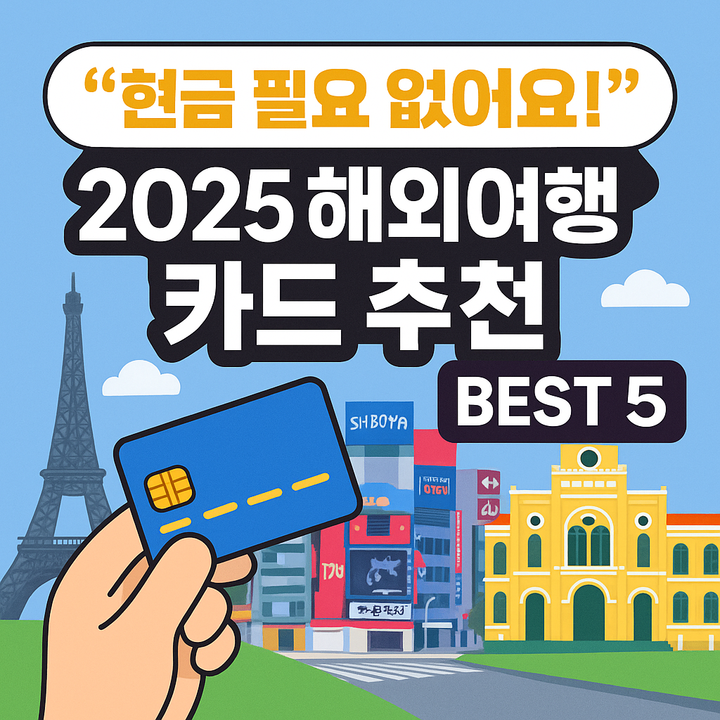 2025 해외여행 추천 카드 BEST 5를 안내하는 썸네일 이미지. 에펠탑, 시부야, 베트남 배경 위에 손에 든 카드와 &quot;현금 필요 없어요!&quot; 문구가 강조되어 있음.