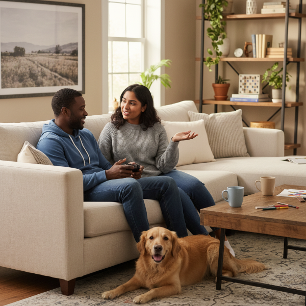 서로의 취미를 이해하고 존중하며 즐겁게 대화하는 연인의 모습.