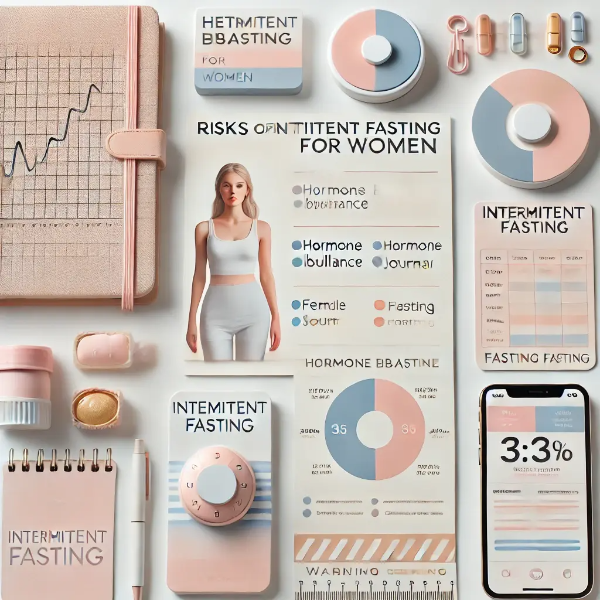 하얀 배경 위에 정리된 여성의 간헐적 단식 위험 요소인 호르몬 불균형 차트, 건강 다이어리, 경고 표식의 전문 스튜디오 촬영 사진