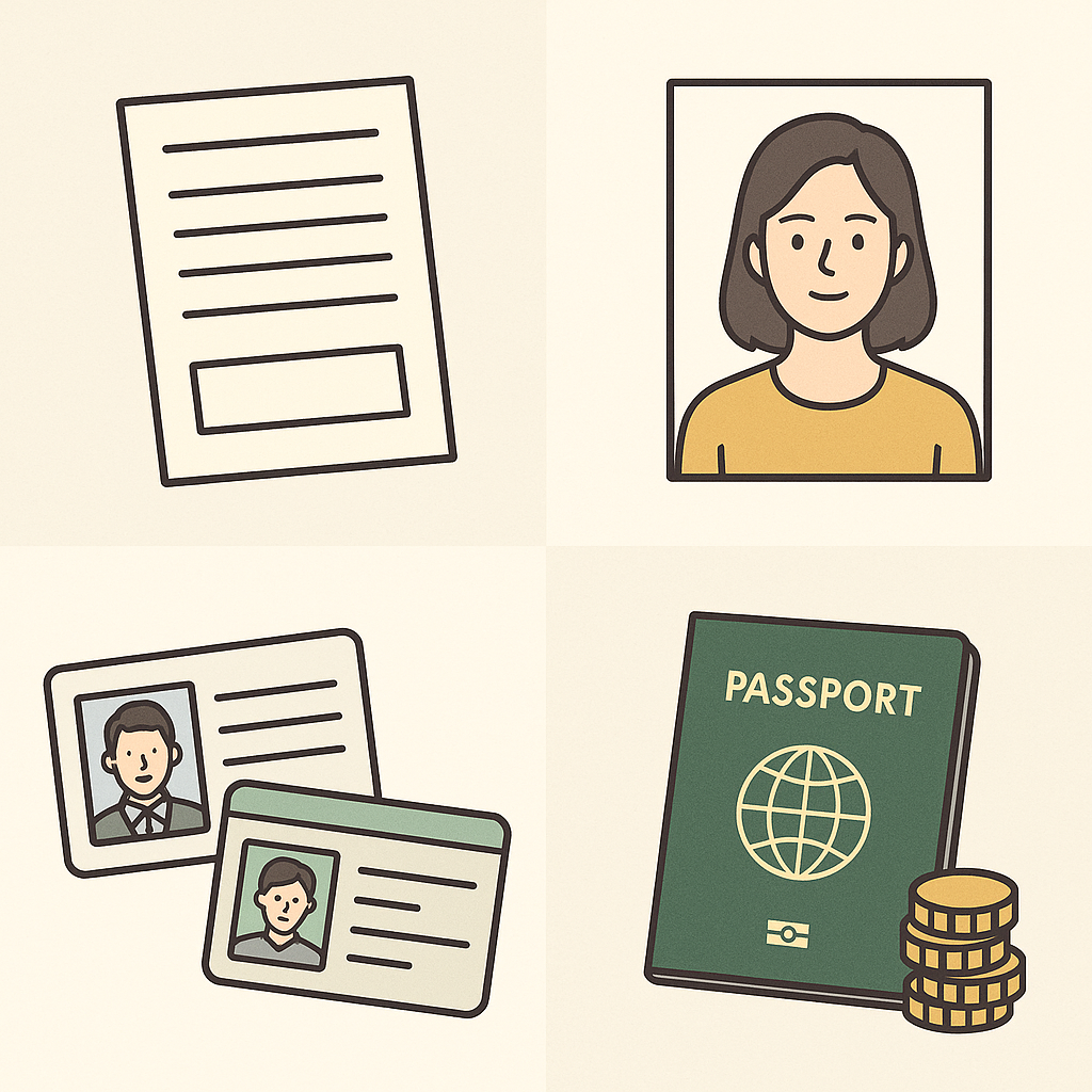 1컷: 여권 신청서를 상징하는 간단한 양식 그림.
2컷: 무표정으로 정면을 바라보는 여성의 증명사진.
3컷: 주민등록증과 운전면허증 등 신분증 두 장이 나란히 놓여 있음.
4컷: 여권과 동전 더미가 함께 있는 그림으로 수수료 결제를 의미함