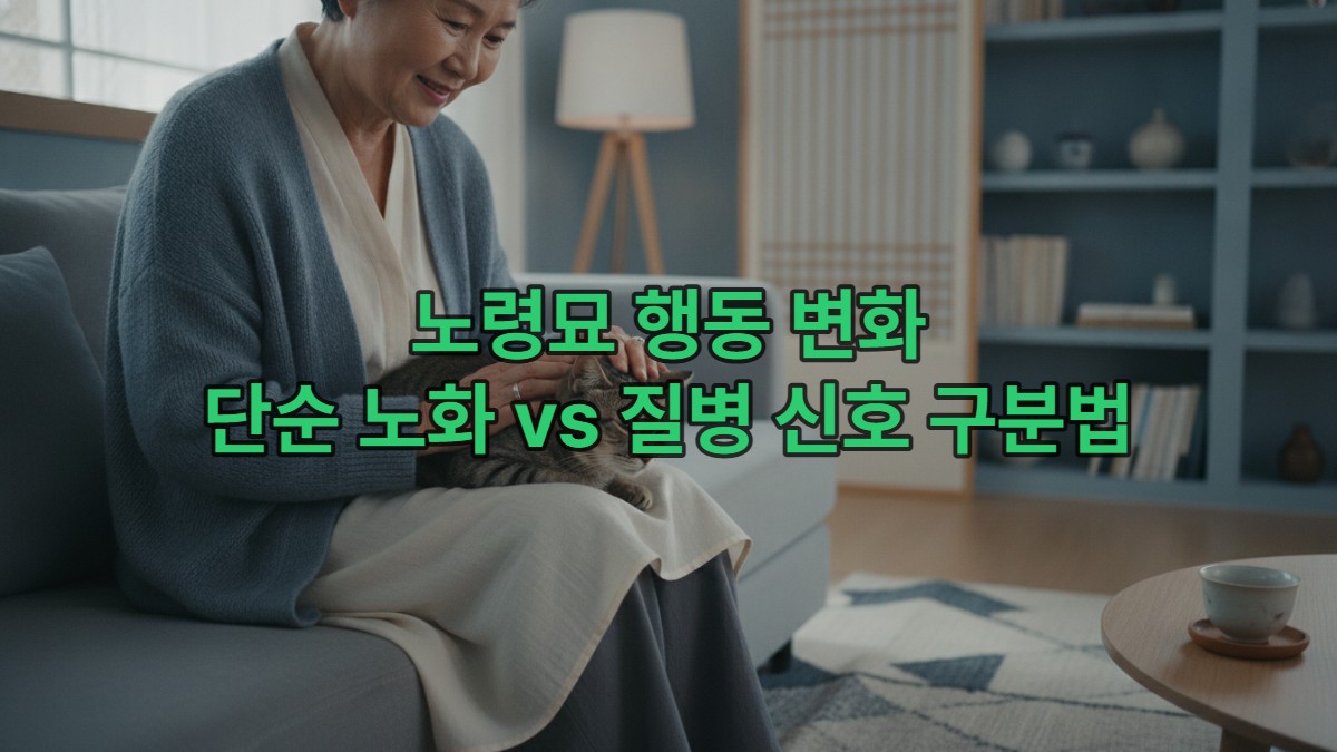 따뜻한 햇살이 드는 한국의 거실에서 한 노령의 한국 여성이 차분하고 온화한 표정으로 자신의 노령묘를 부드럽게 쓰다듬는 모습. 고양이의 털은 윤기 있고, 둘 사이에는 깊은 유대감이 느껴진다.