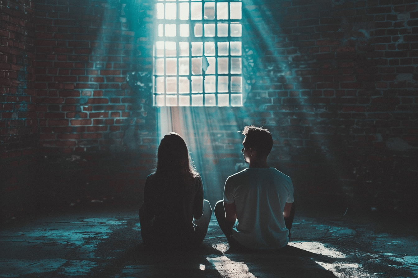 벽돌로-둘러쌓인-어두운-공간에-앉아-있는-두-남여
