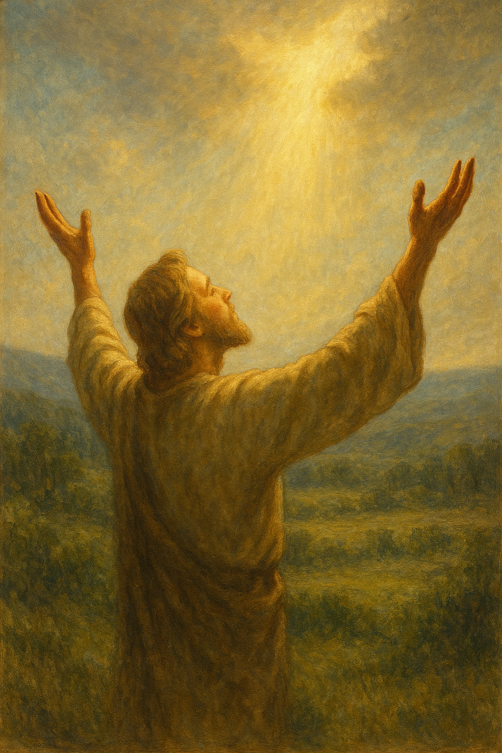 시편 66편 20절을 묵상하며, 인도하시는 하나님께 마음을 다해 찬양하는 모습을 표현한 그림입니다. 하늘에서 내려오는 따뜻한 빛을 향해 두 손을 높이 들고 있는 사람의 모습과 평화로운 배경을 통해, “나를 무시하지 않으시고 깊이 인도하시며 보호하시는 주님”을 찬양하는 마음을 담았습니다.