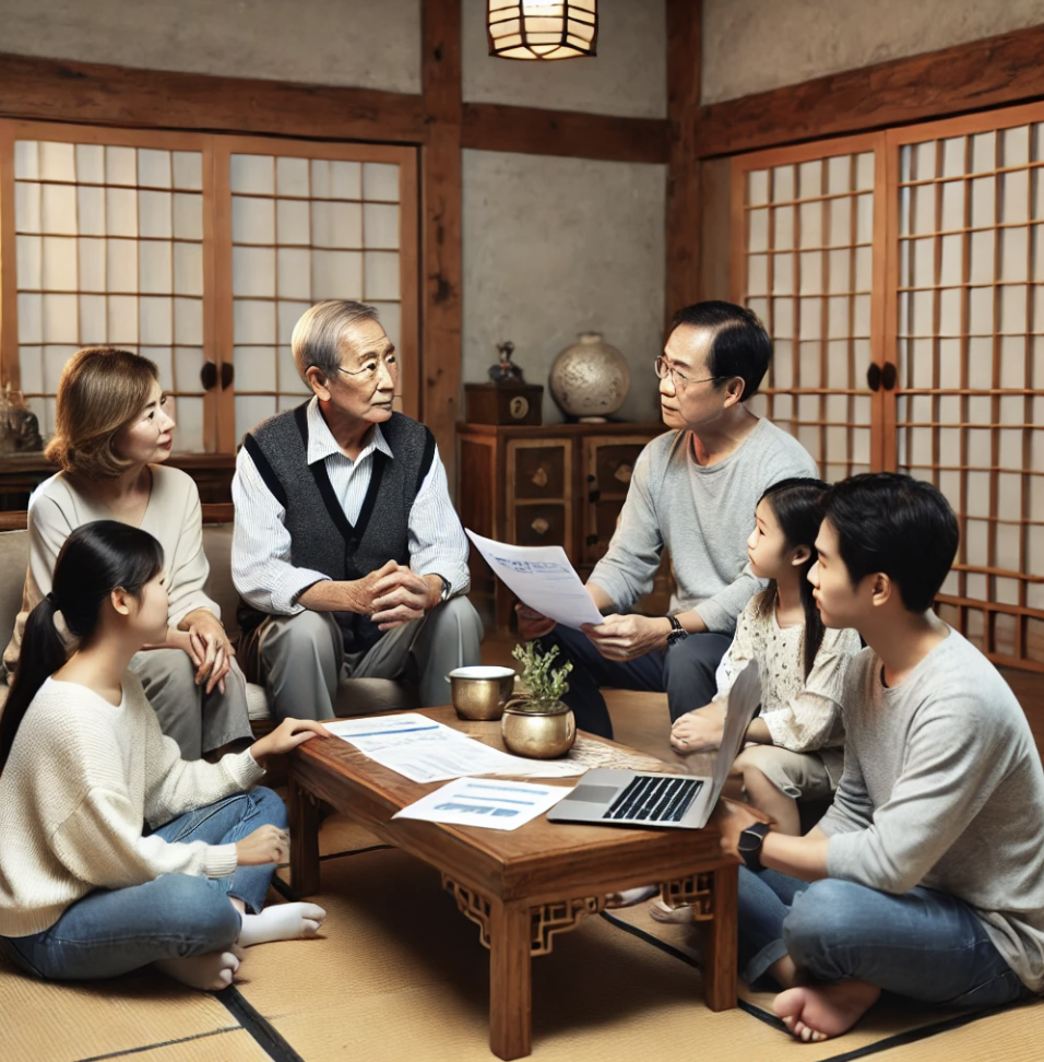 가족과 함께 상속 계획을 논의하는 노인의 모습