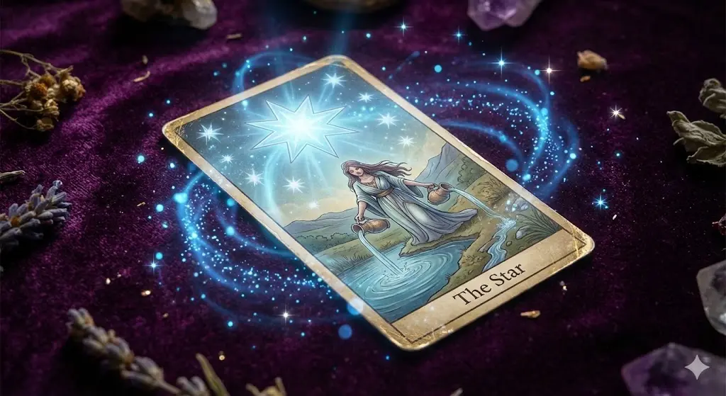 건강 회복과 치유를 상징하는 타로카드 별(The Star), 푸른 별빛과 희망을 담은 신비로운 일러스트