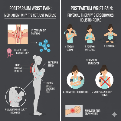 손목 건초염(드퀘르뱅) 발생 원인인 제1 구획 힘줄과 건초의 마찰을 보여주는 해부학 도해.