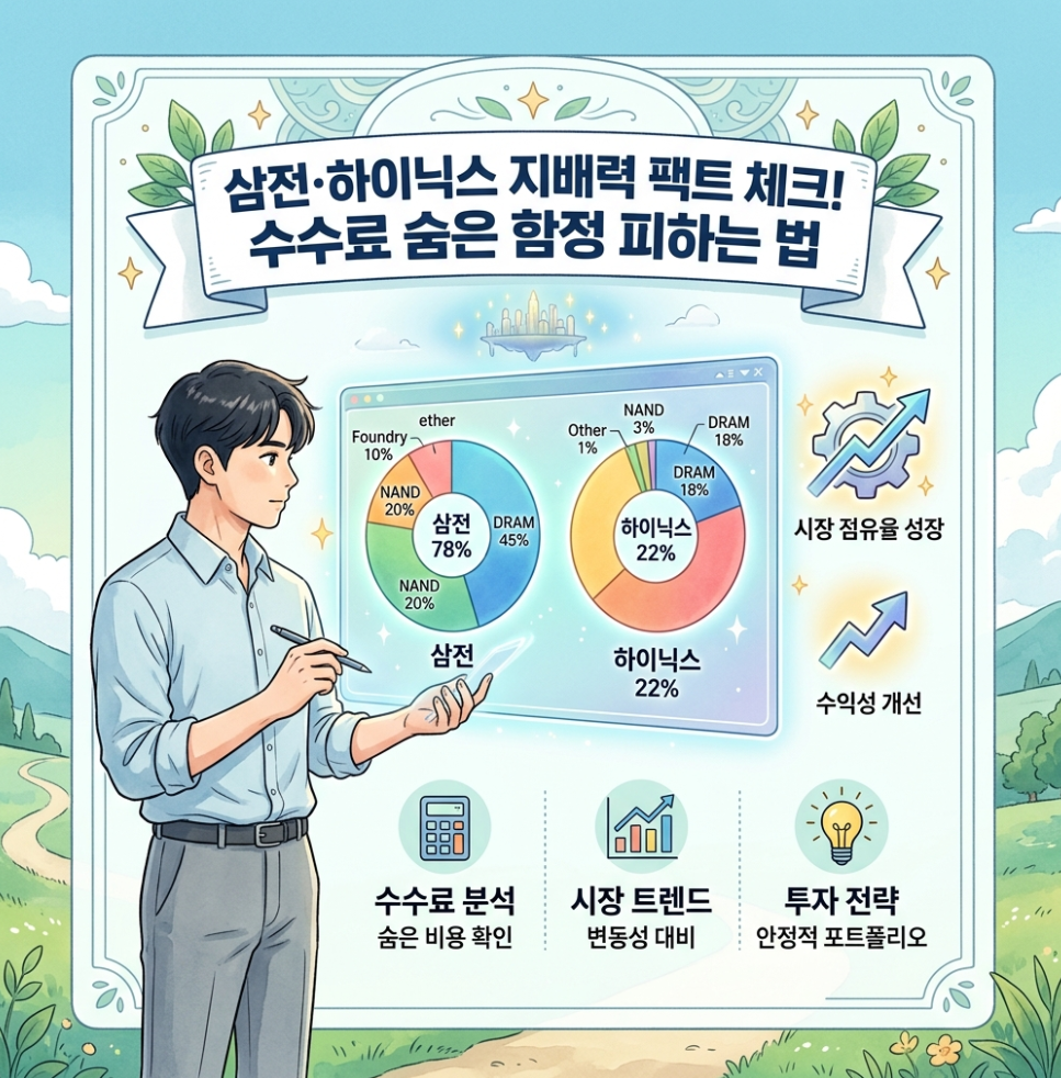 국내 반도체 대장주 집중형 ETF 상품들의 종목 비중과 실질 운용 보수를 비교 분석하는 인포그래픽 이미지