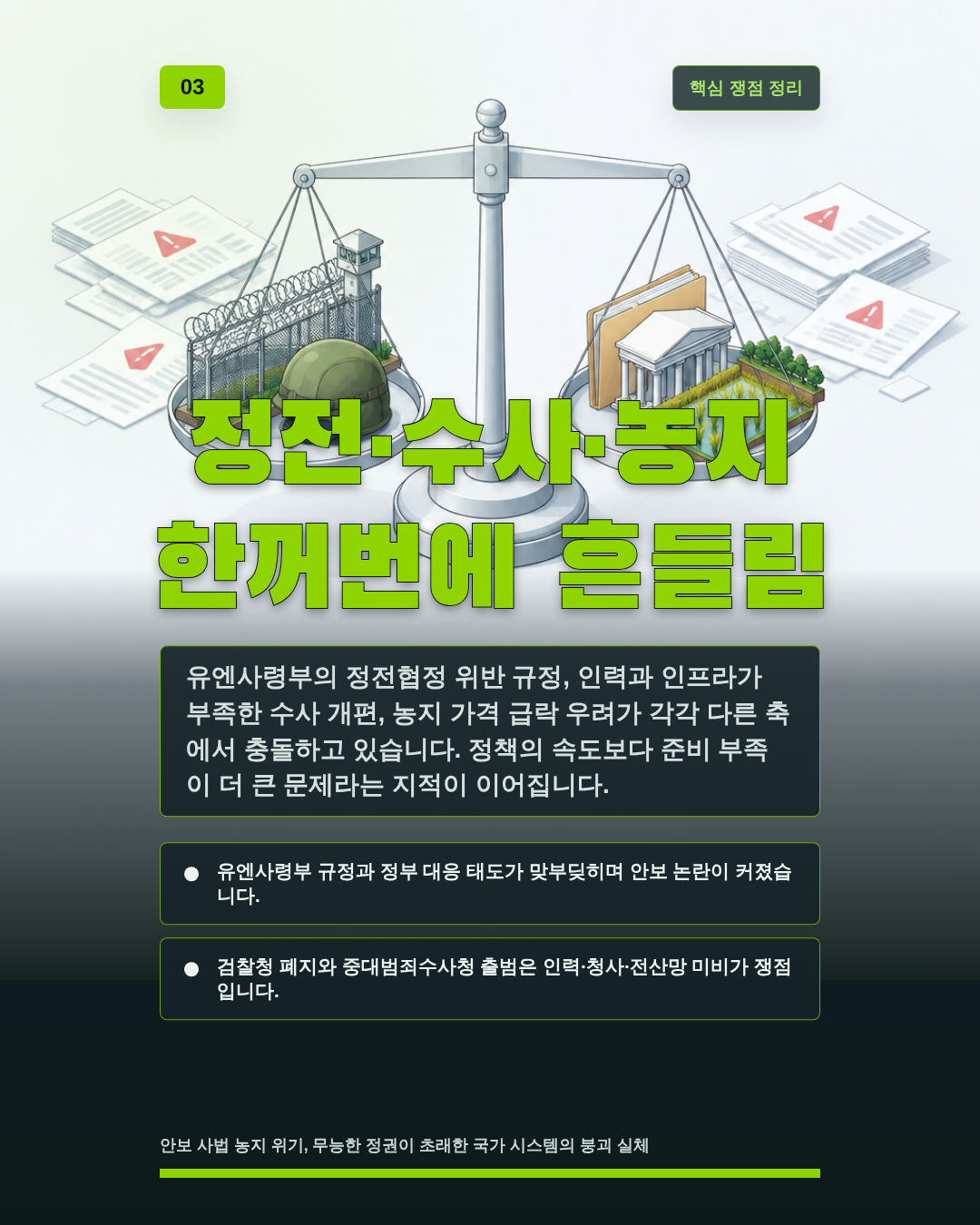 정전·수사·농지 한꺼번에 흔들림