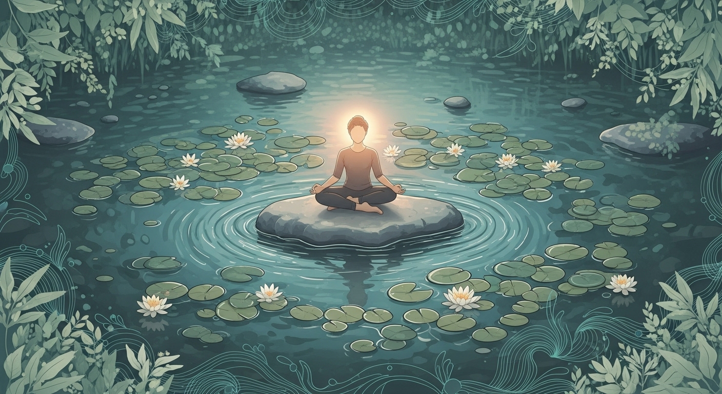 평화로운 표정으로 명상하며 스트레스를 관리하고 마음의 평화를 얻는 사람의 모습.