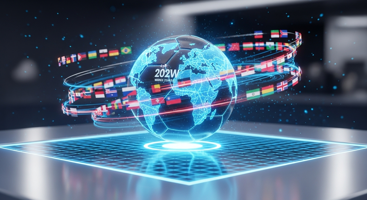 2026 월드컵 조추첨 시뮬레이션을 상징하는 현대적이고 미래적인 이미지. 홀로그램 디스플레이 위 축구공이 전 세계 팀들의 조편성을 보여줍니다.