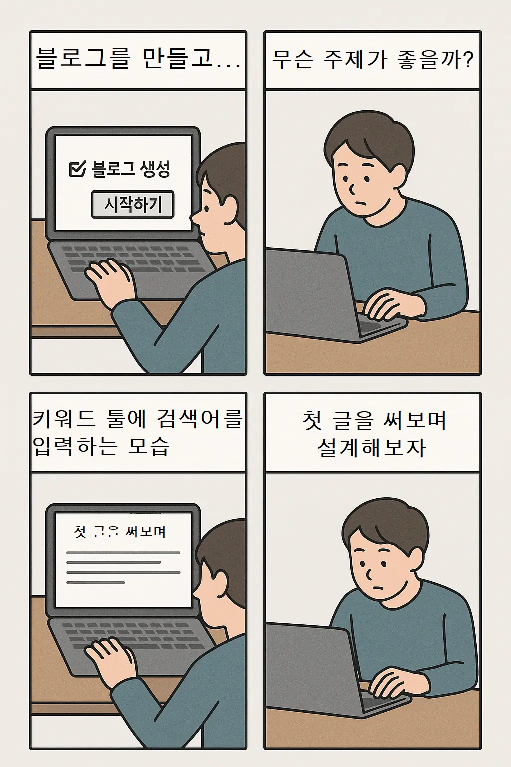 블로그 수익화를 시작하는 3단계 실행 장면을 담은 4컷 웹툰