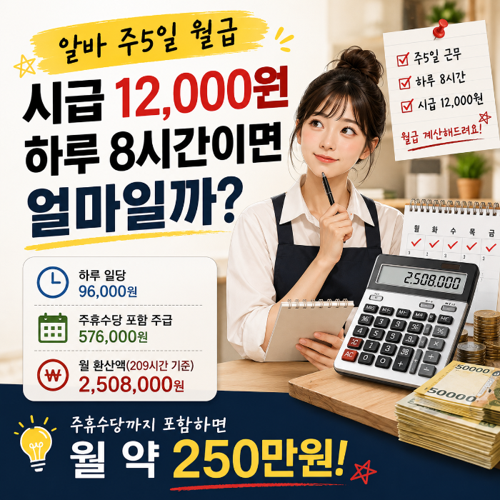 알바 주5일 월급을 시급 12,000원 하루 8시간 기준으로 계산해 월 209시간 기준 약 250만8천원을 보여주는 이미지