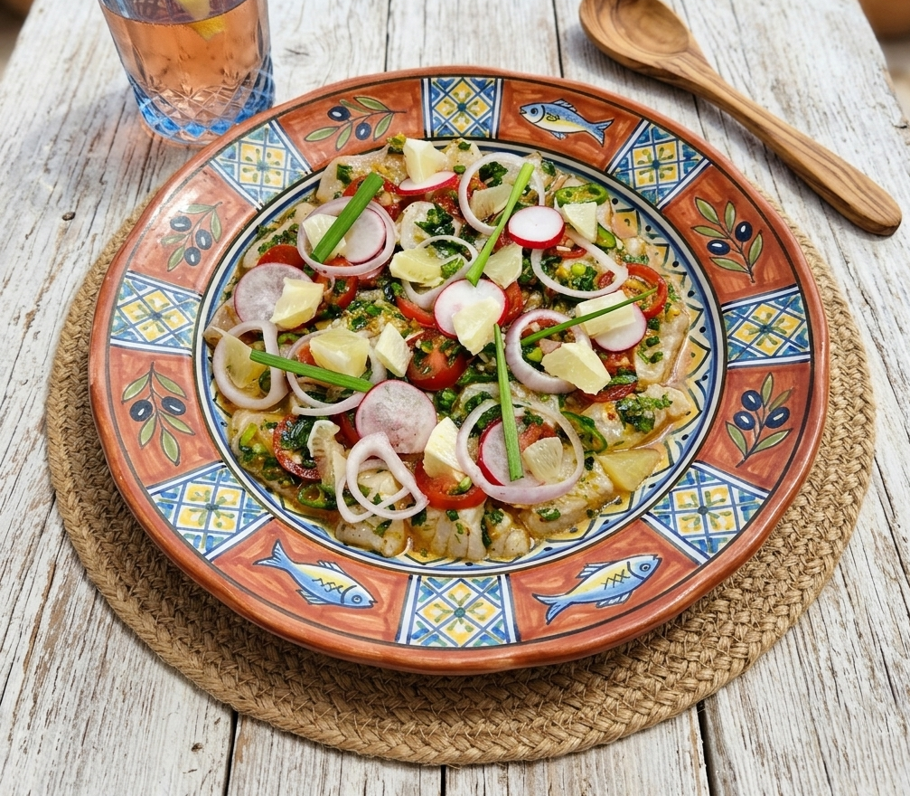 보라카이의 감성 식탁 정갈한 지중해풍 접시에 차려낸 레몬 라임 산성 성분 단백질 변성 원리로 익힌 신선한 흰살 생선 세비체 요리 연출