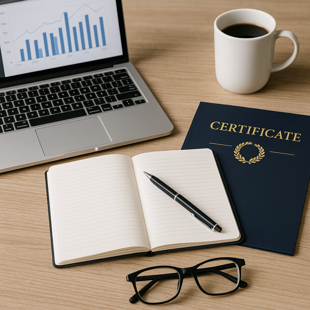 노트북과 노트와 펜이 보이는 사진