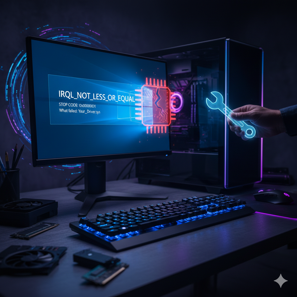 윈도우11 블루스크린 IRQL_NOT_LESS_OR_EQUAL 오류 코드 해결 방법을 설명하는 모니터 화면과 수리 아이콘 이미지