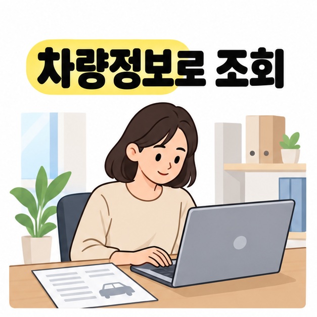 차량정보로 조회 문구 아래 자동차 관련 서류를 책상에 놓고 노트북으로 조회하는 여성