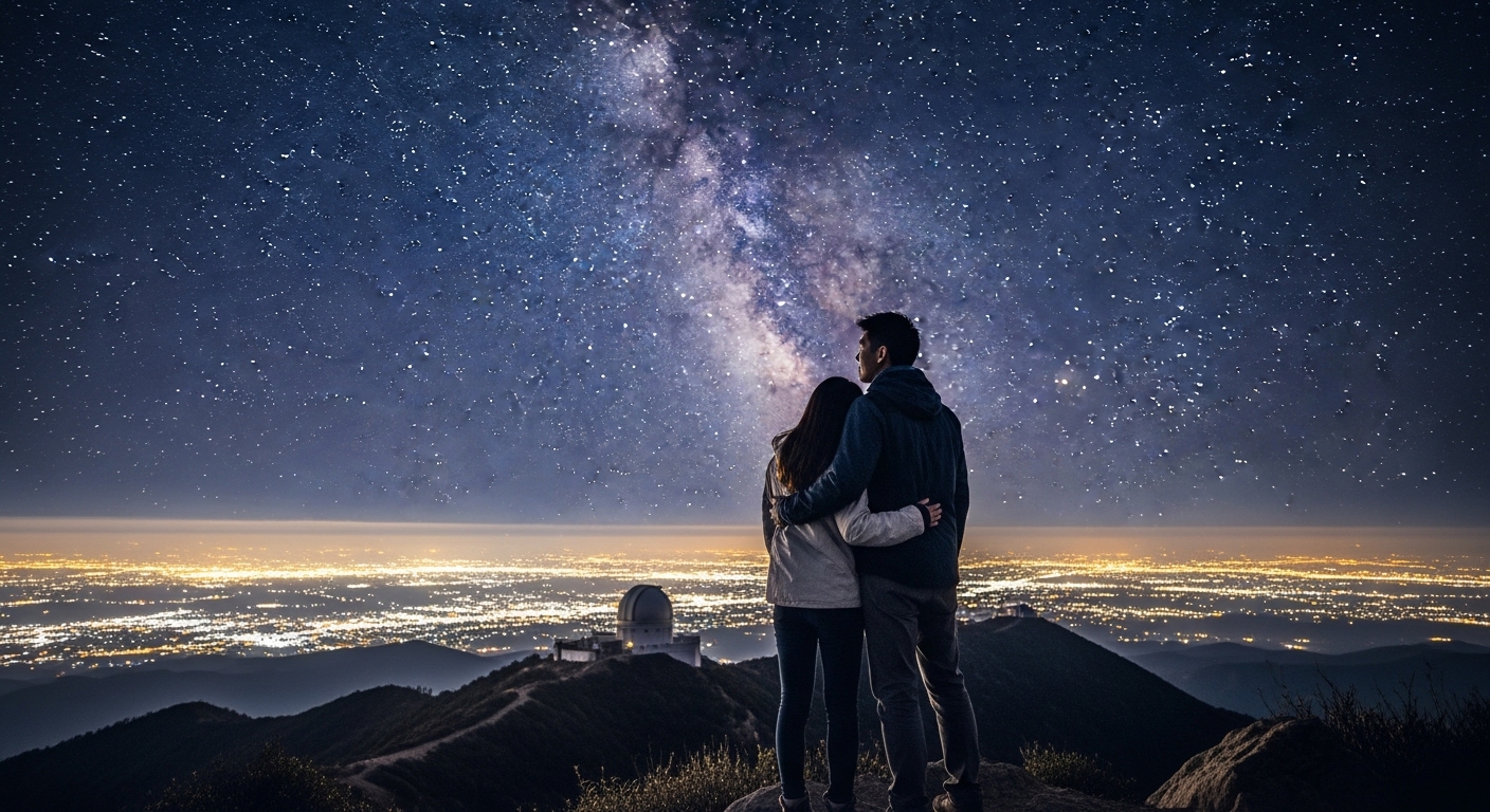 A breathtaking night view from a mountain near a city, with the city lights glowing in the distance. In the foreground, a couple is looking up at a sky filled with countless stars and the Milky Way. An observatory dome is subtly visible on a nearby peak. The overall mood is romantic and serene.