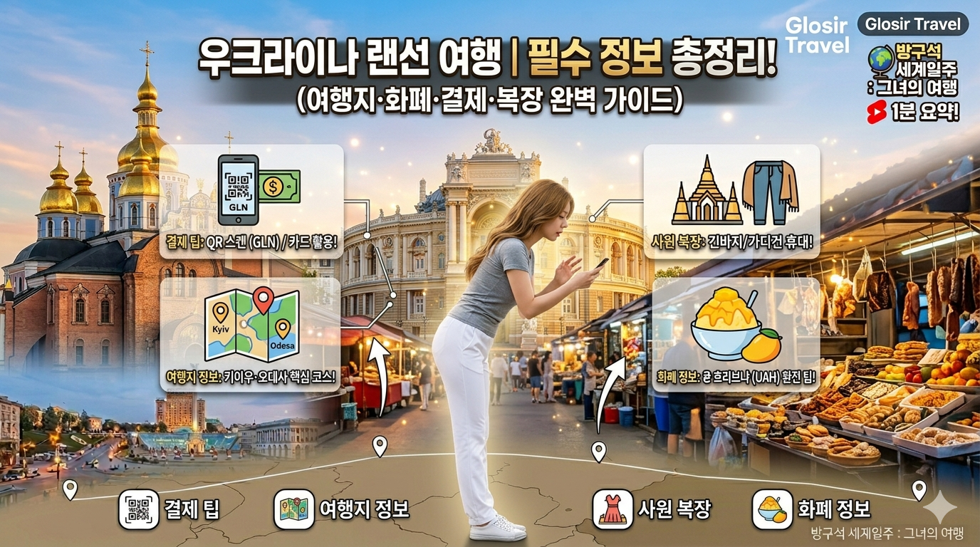 활기찬 오데사 시장을 배경으로, 그레이 반팔티와 흰색 트레이닝 바지를 입은 여성이 허리를 살짝 숙이고 호기심 있게 물건을 구경하는 매력적인 전신 옆모습. 주변에는 우크라이나 여행 코스, 화폐(흐리브냐), 복장, 평화 기원 팁이 인포그래픽으로 정리되어 있다.