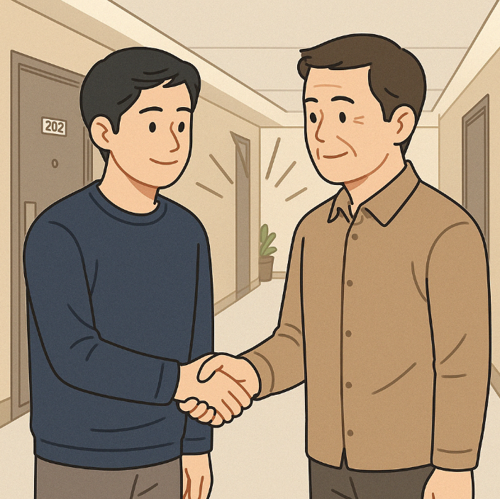 분쟁 해결 후 악수하는 입주민 두 사람
