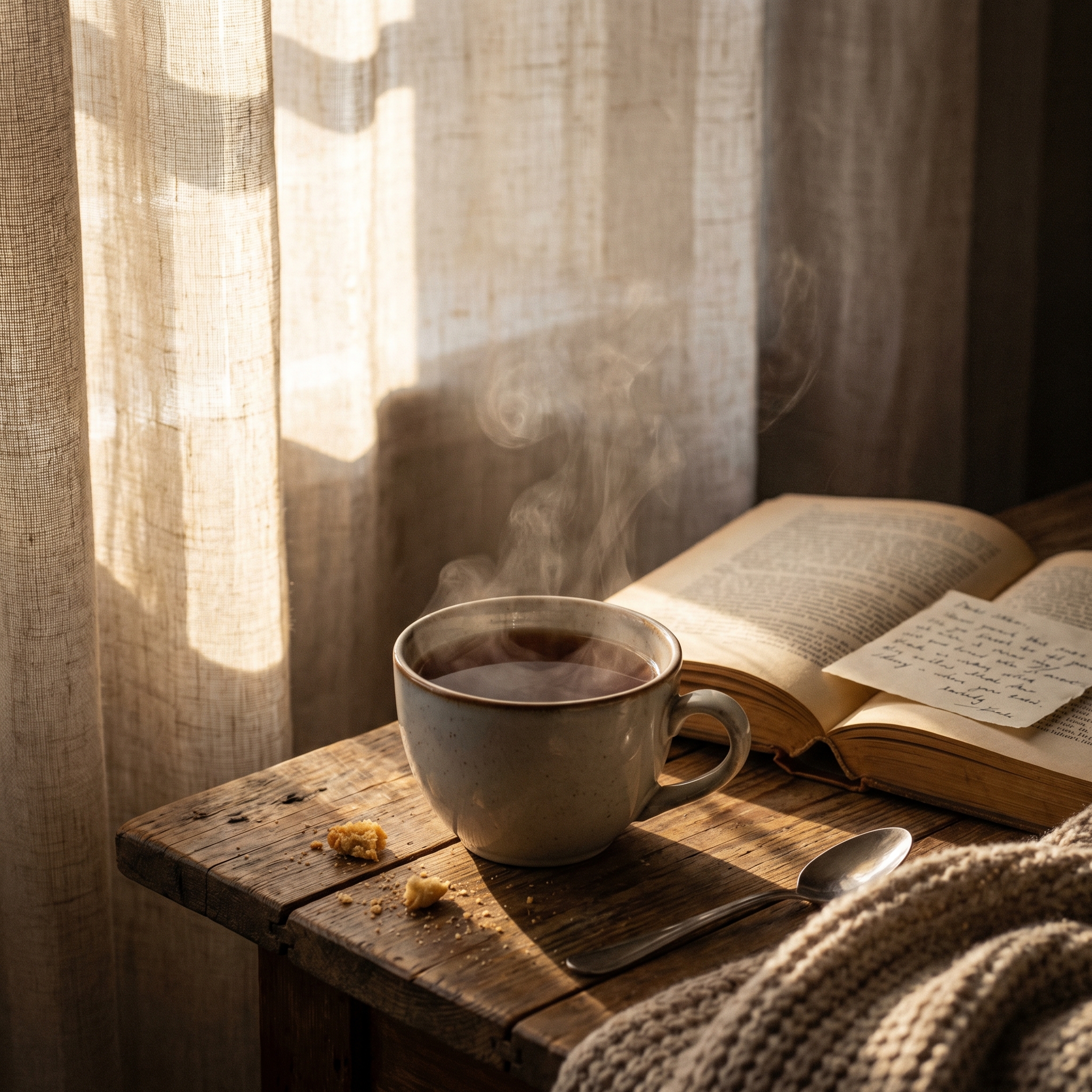 나무 테이블 위 모락모락 김이 나는 찻잔과 그 옆에 펼쳐진 책. 얇은 커튼 사이로 스며드는 부드러운 햇살이 따뜻하고 포근한 분위기를 자아내는 8k 고해상도 사진.