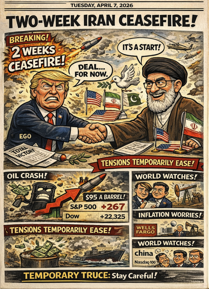 2026년 4월 7일 미국 증시는 이란 리스크 속 혼조 마감 후, 장외에서 2주 휴전 합의 소식에 WTI가 16% 급락했어요. 증시 흐름, 유가, 연준 시사점, 투자 전략까지 한 번에 정리해드려요.