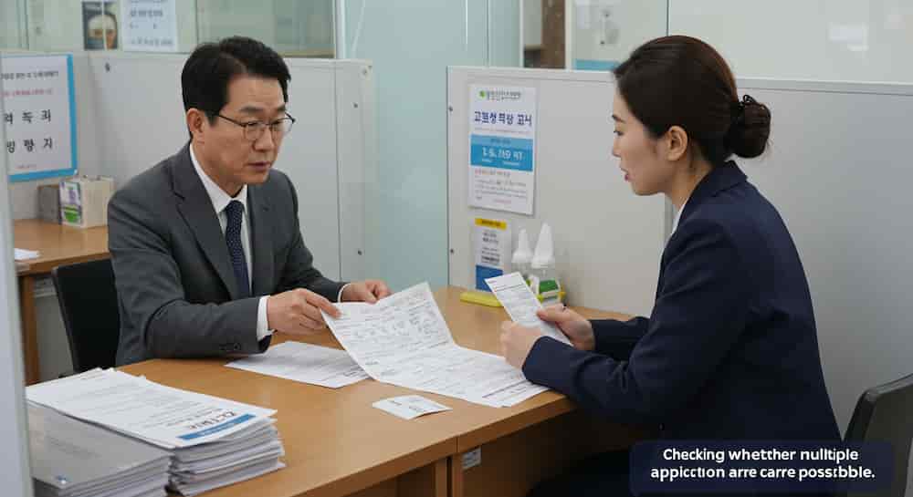 정장 차림의 소상공인이 정부 민원 창구에서 서류를 들고 상담하는 장면. 중복신청 여부를 확인 중인 모습.