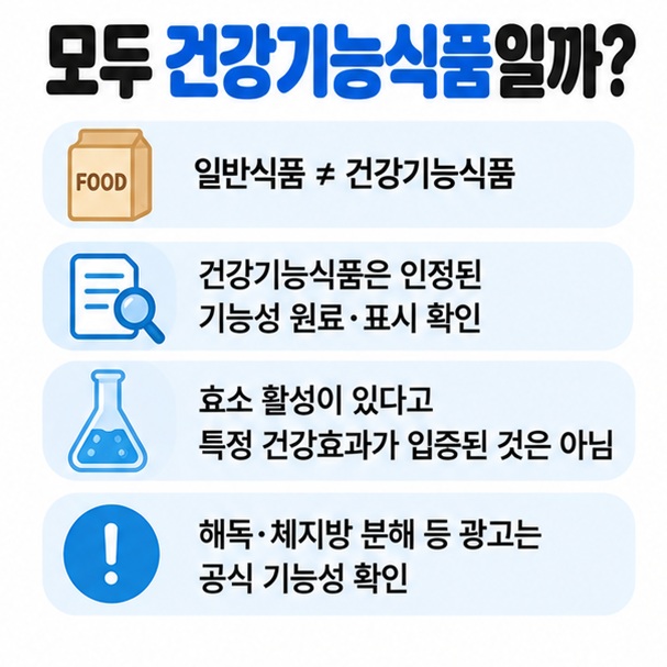 일반식품과 건강기능식품 기능성 인정 여부 효소 활성과 건강효과의 차이를 정리한 이미지