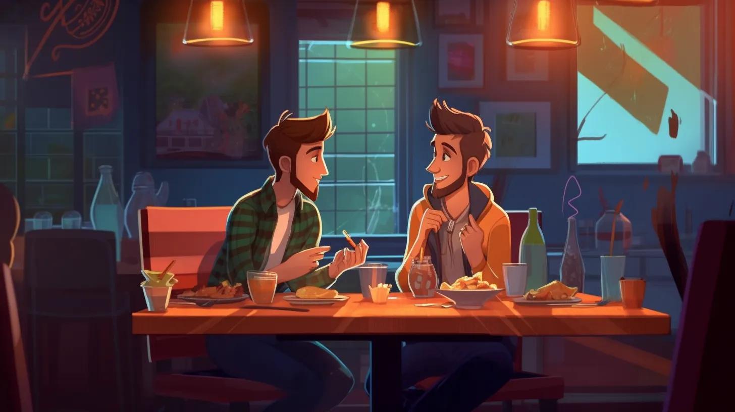 Two friends are sitting in a trendy restaurant.