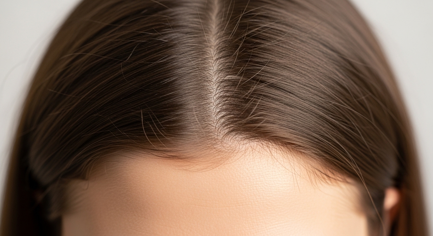 정수리 가르마가 넓어져 두피가 더 많이 보이는 여성의 머리 위쪽 모습.