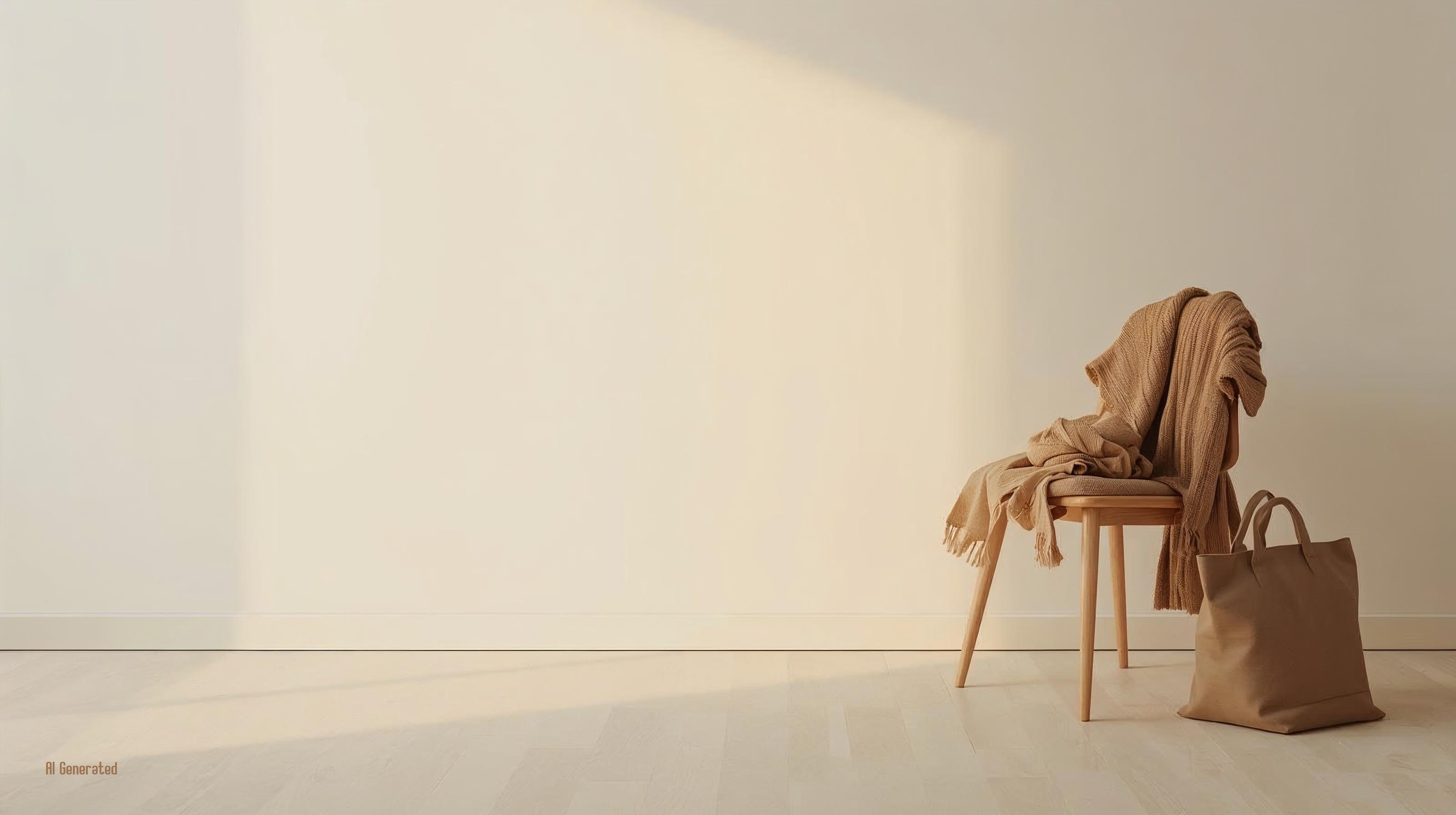 여백이 넓은 실내 공간에 나무 의자 하나가 놓여 있고, 의자 위에는 얇은 니트 가디건이 무심히 걸쳐져 있으며 옆에는 출근 가방이 놓여 있다. 늦은 퇴근의 고요한 순간을 담은 감성적인 장면.