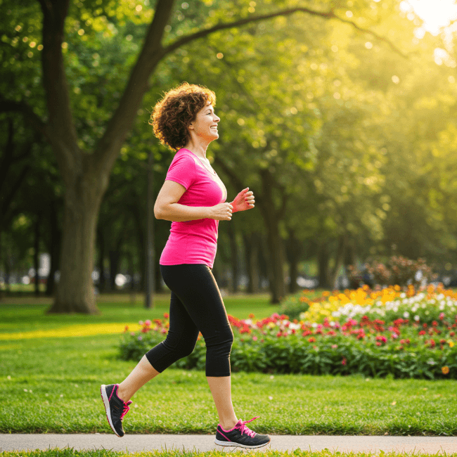 갱년기를 지혜롭게 관리하며 조깅을 하는 중년 여성 이미지