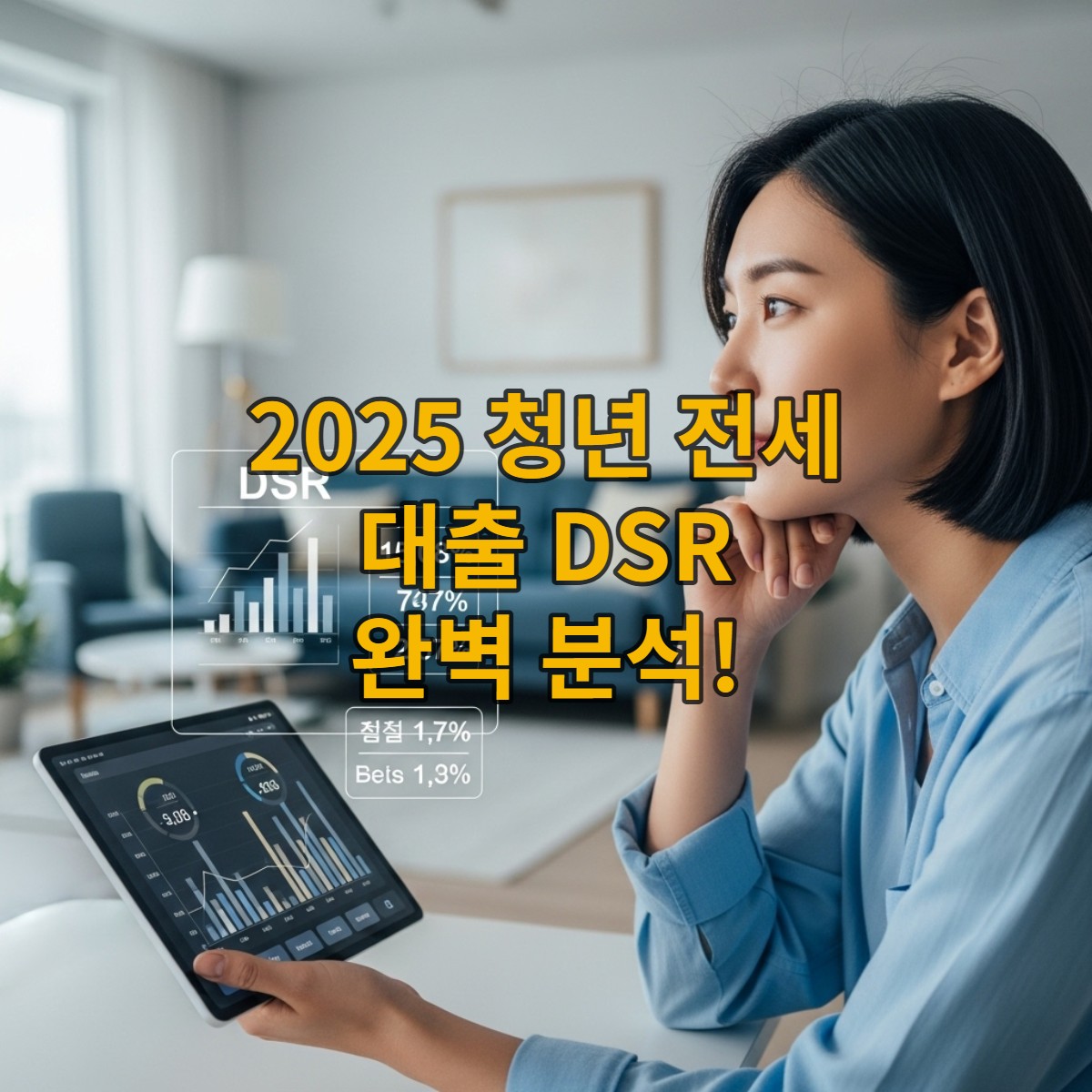 태블릿을 보며 청년 전세 대출 DSR을 계산하고 미래를 계획하는 젊은이