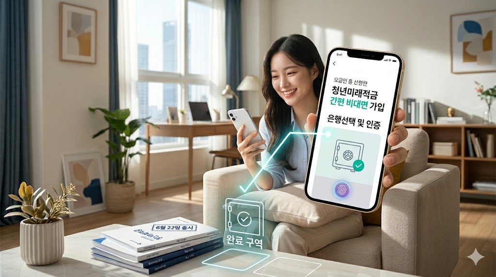 소파에 앉아 스마트폰 뱅킹 앱으로 청년미래적금 가입 신청 버튼을 누르는 대학생의 손