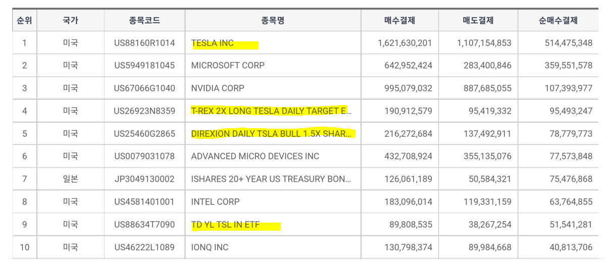 해외주식 순매수 순위(출처 : 세이브로)