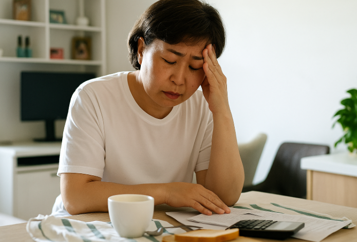 식탁에 앉아 이마를 짚고 피곤한 표정을 짓는 중년 여성. 앞에는 계산기와 문서, 커피잔이 놓여 있으며, 피로와 스트레스를 호소하는 듯한 모습.