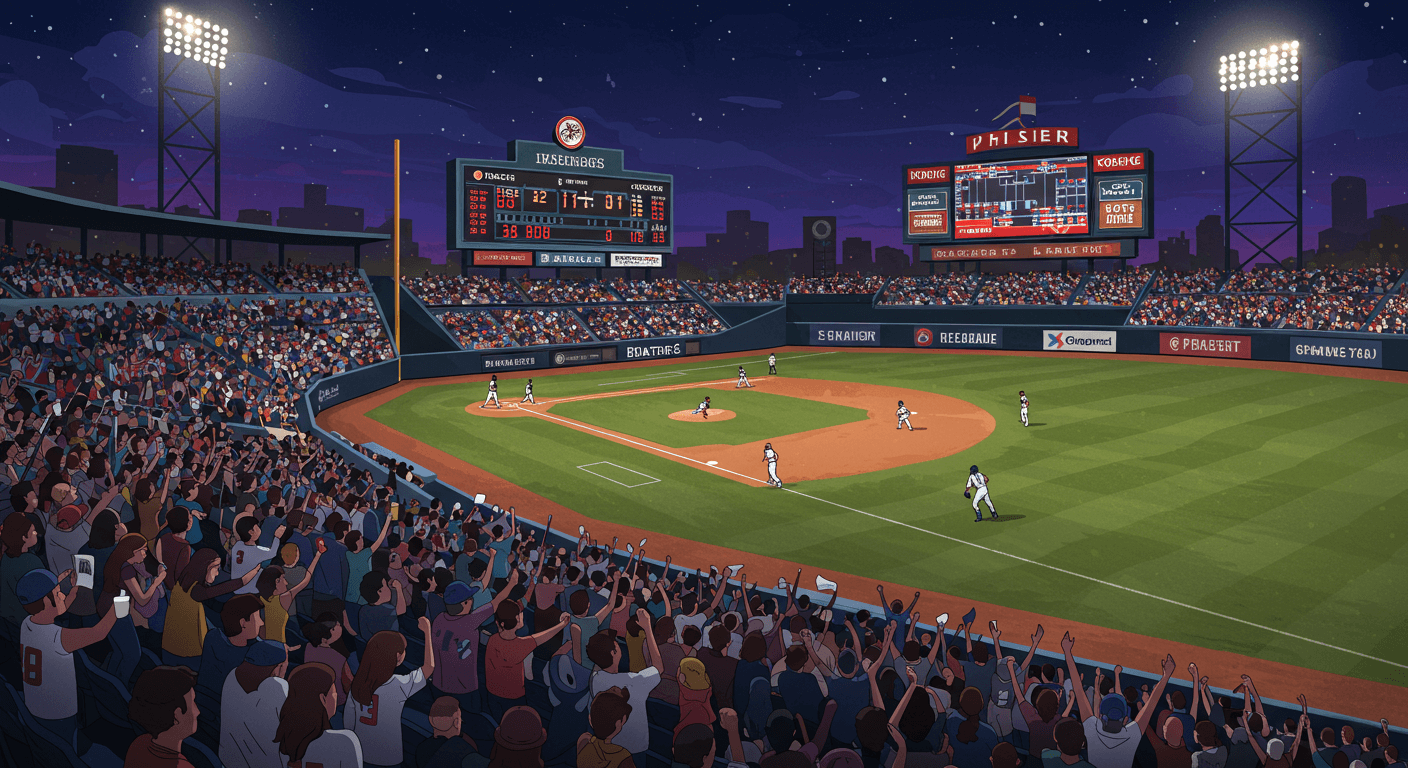 한국인 팬들이 야구장에서 응원하고 전광판에 안내가 표시된 모습, 팬 경험과 정보 전달을 강조 2