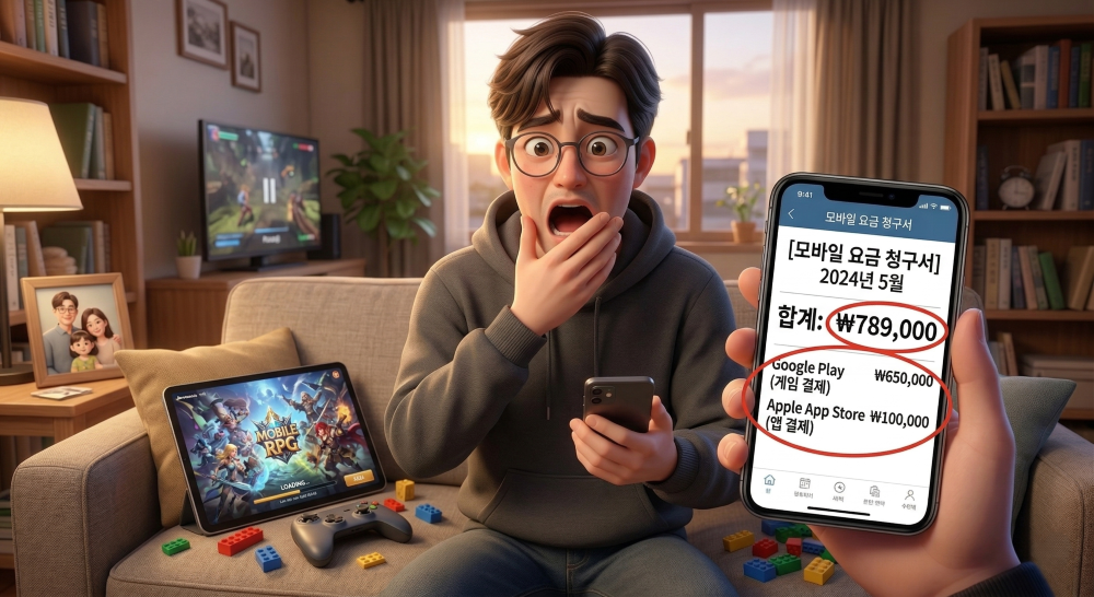 자녀가 모바일 게임 결제한 금액이 청구된 상황 재현한 캐릭터 이미지