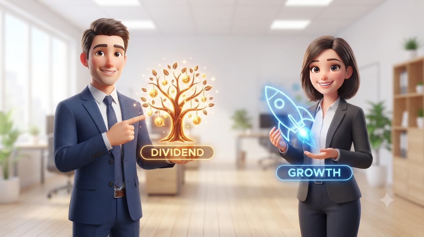 배당주 vs 성장주 차이 비교 - DIVIDEND 황금나무와 GROWTH 로켓 일러스트