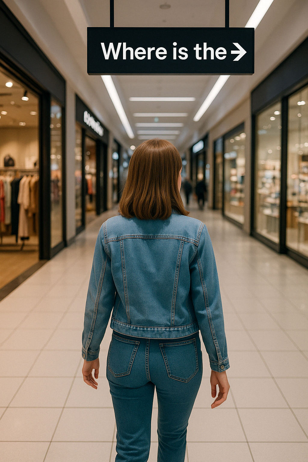 쇼핑몰 복도를 걷는 모습으로&amp;#44; 특정 매장 방향을 물어보는 대화 상황을 떠올리게 합니다.