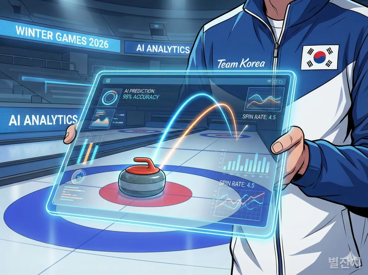 태블릿 PC를 통해 컬링 스톤의 궤적과 데이터를 실시간으로 분석하는 최첨단 코칭 장면