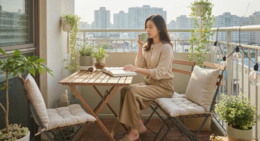 베란다 인테리어를 꾸민 후 차를 마시고 있는 여성