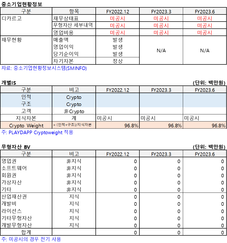디카르고(2023.3)의 기업현황 및 개별IS, 무형자산BV를 정리한 표