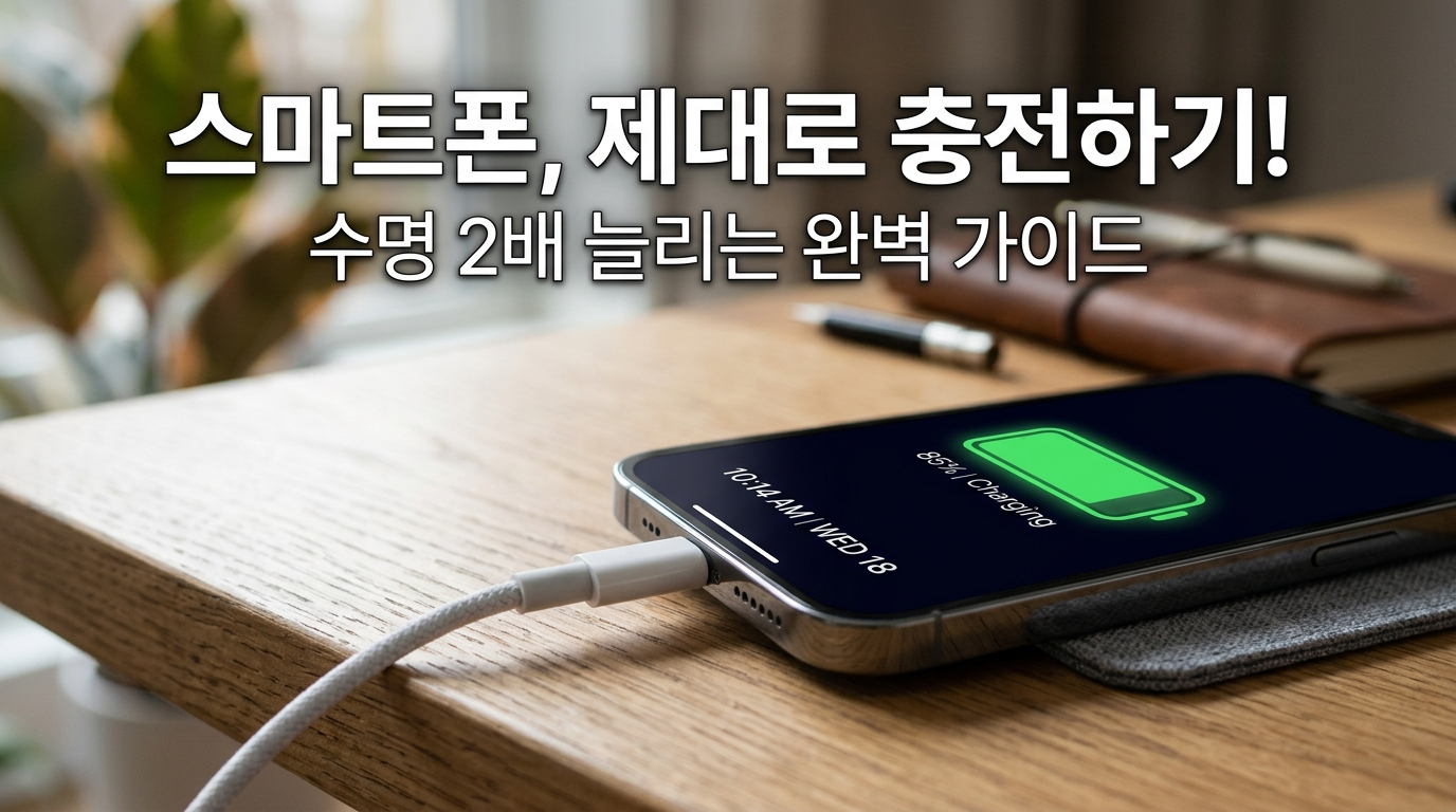 나무 책상 위에서 충전 중인 스마트폰의 근접 사진