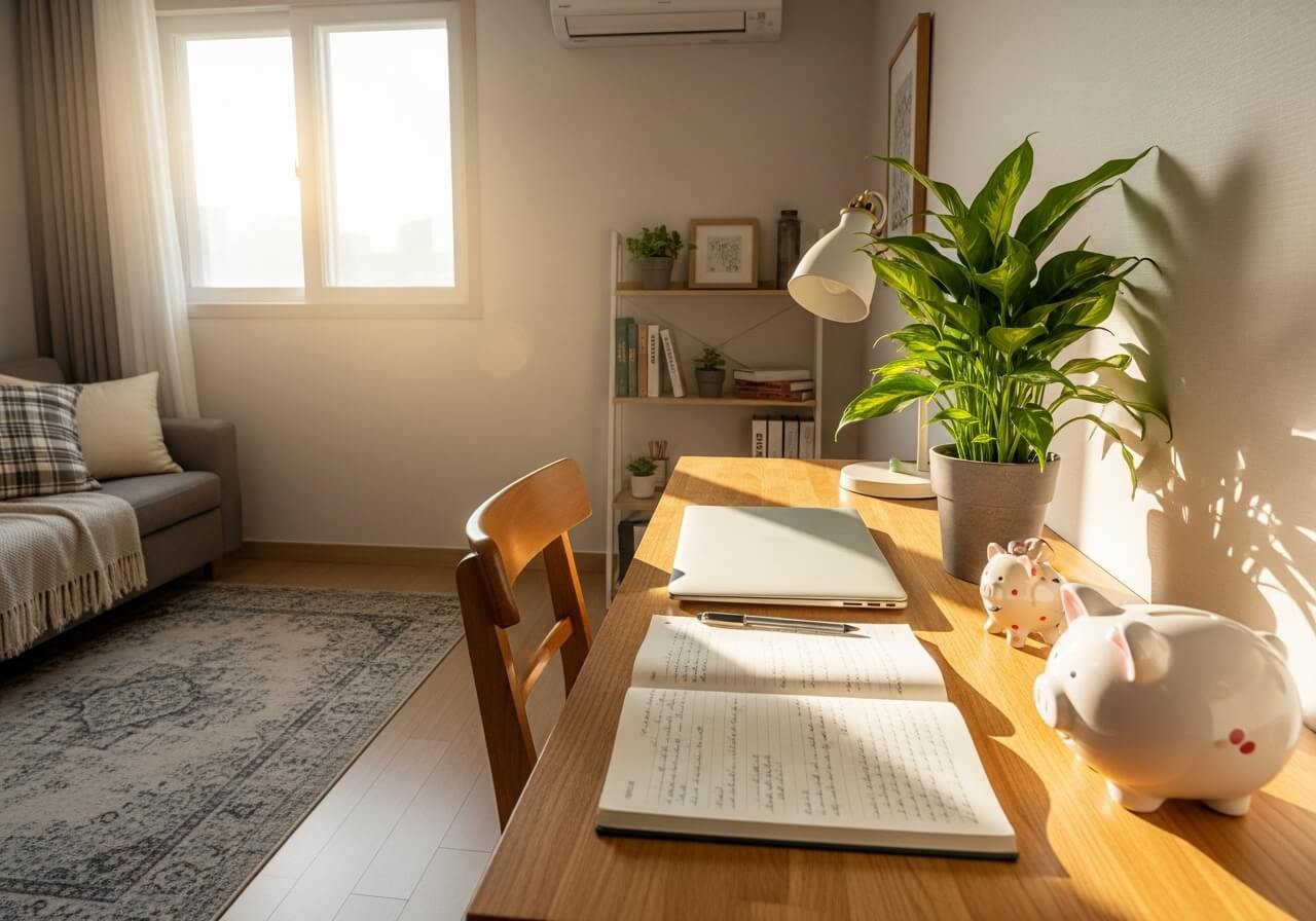 따뜻한 햇살이 드는 작은 원룸의 책상 위에 노트북과 노트, 저금통, 화분이 놓여 있다. 조용한 아침 분위기 속에서 청년의 절약과 저축을 상징하는 현실적인 생활 공간.