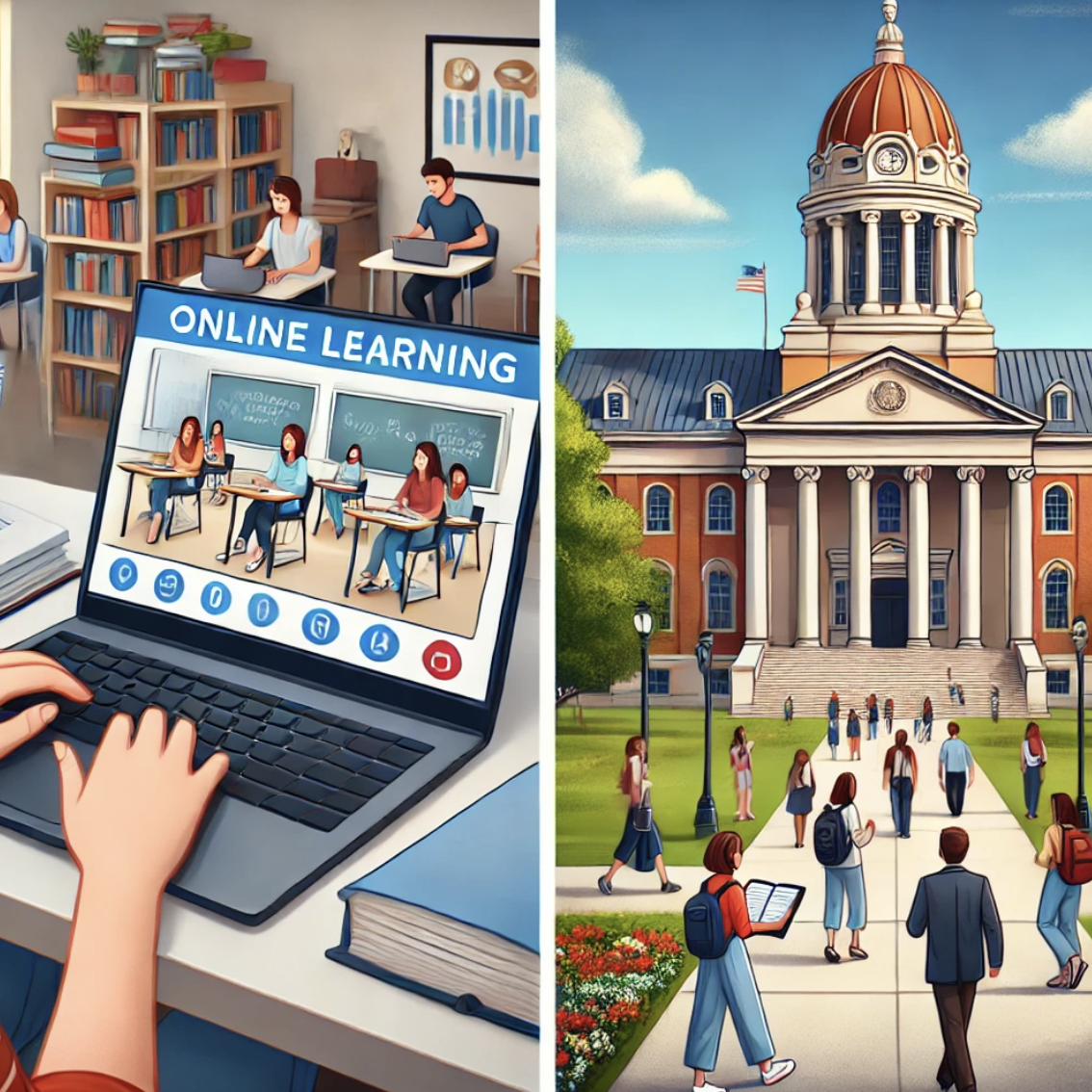 학점은행제 온라인 수업과 방송통신대의 오프라인 수업을 비교하는 모습의 사진