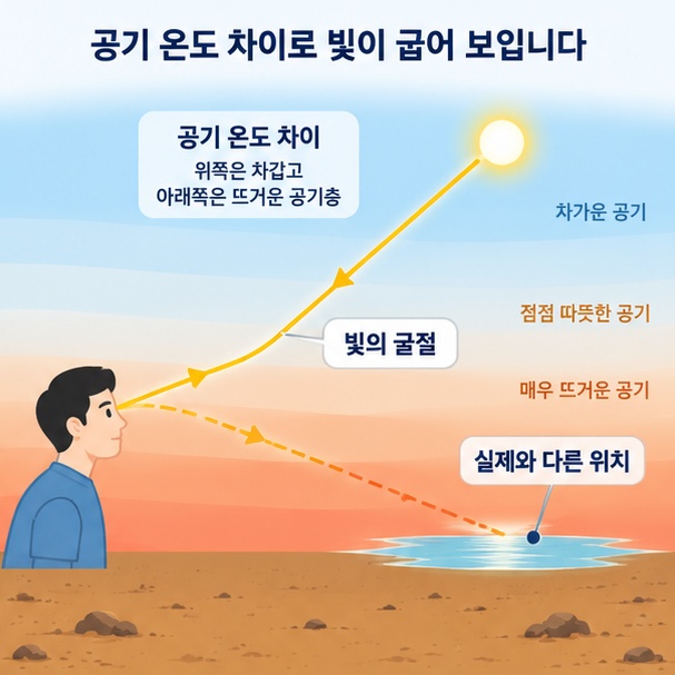 온도가 다른 공기층을 지나면서 빛의 진행 방향이 휘어져 물체의 위치가 다르게 보이는 원리를 보여주는 그림