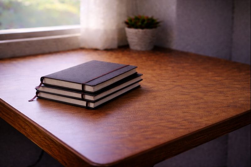 비슷한 생각이 반복되고 있음을 느끼게 하는 노트 더미의 책상 풍경